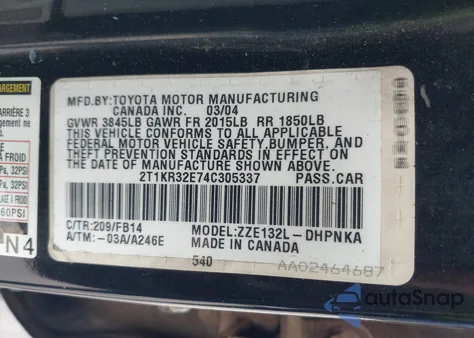 2004 Toyota Matrix Xr из США, поврежденный, VIN 2T1KR32E74C305337